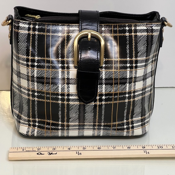 Patricia Nash Irving Leather Satchel with Crossbody Strap Black and White Plaid - Picture 2 of 16